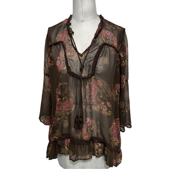 Maurice’s Brown Floral Paisley 3/4 Sleeve Sheer Tunic V-Neck with Tassel Tie XL - Picture 1 of 9